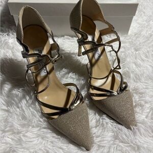 Jimmy Choo Champagne Gold Glitter Pointed Strappy Heels